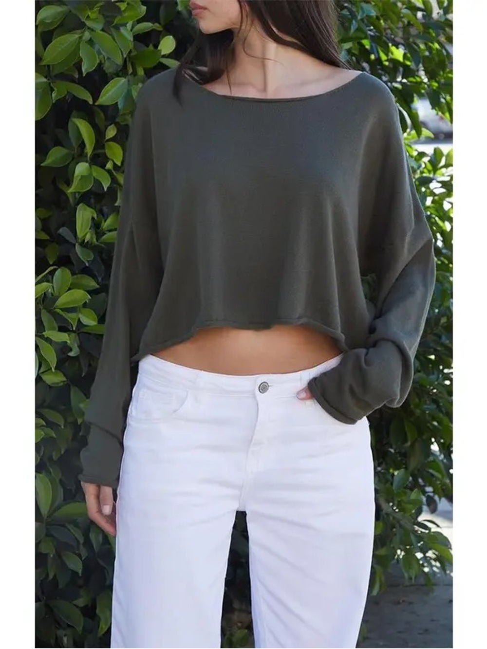 Grey Cropped Boatneck Slouchy Sweater Top